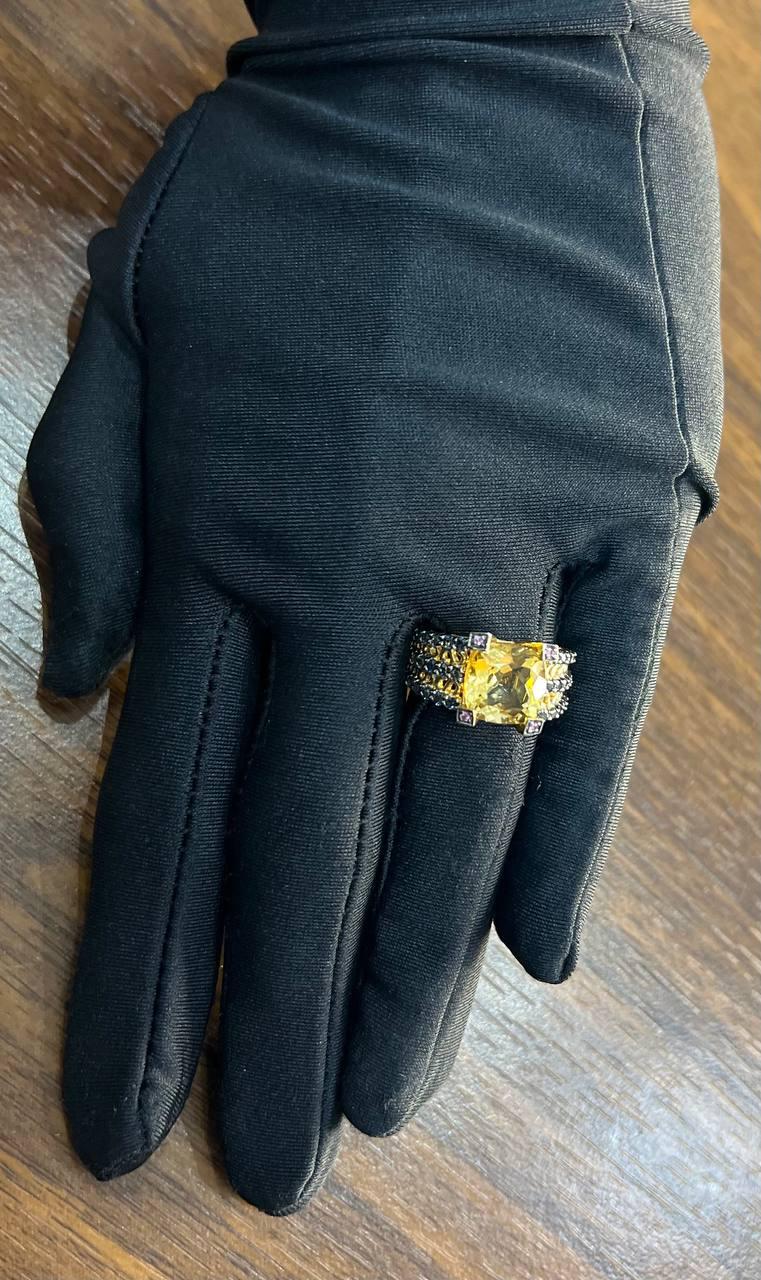 Citrine Pink Sapphire Black Diamond 14K Yellow Gold Statement Cocktail Ring