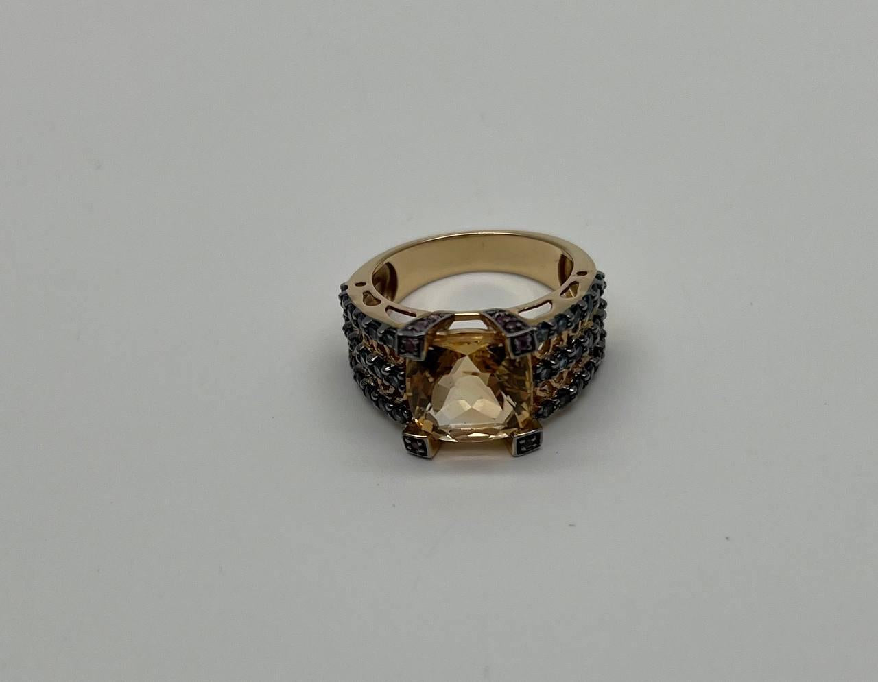 Citrine Pink Sapphire Black Diamond 14K Yellow Gold Statement Cocktail Ring