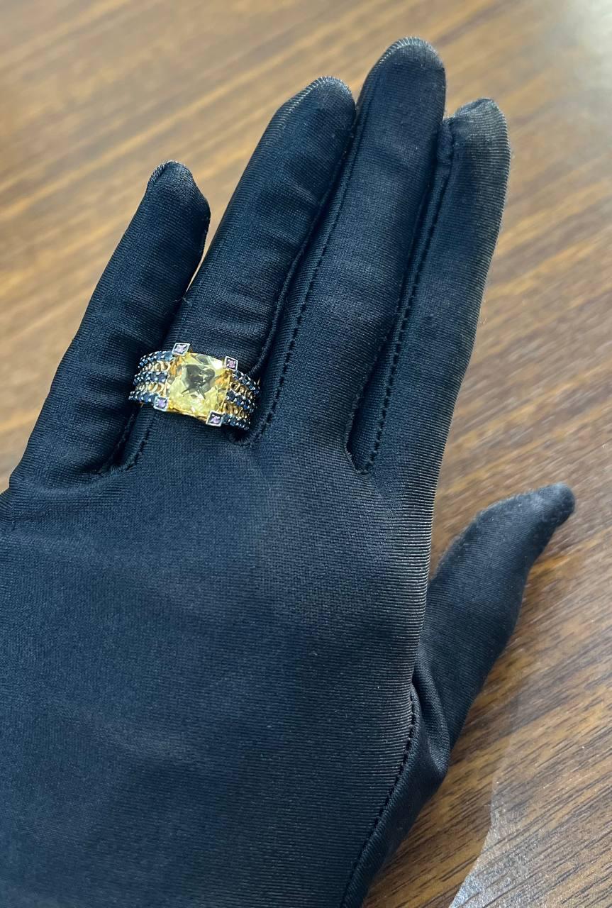 Citrine Pink Sapphire Black Diamond 14K Yellow Gold Statement Cocktail Ring