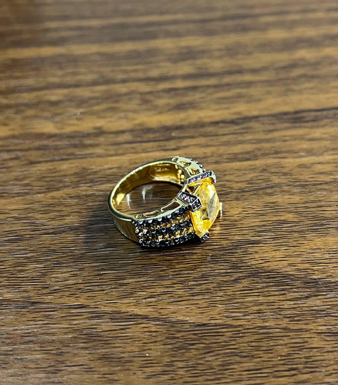Citrine Pink Sapphire Black Diamond 14K Yellow Gold Statement Cocktail Ring