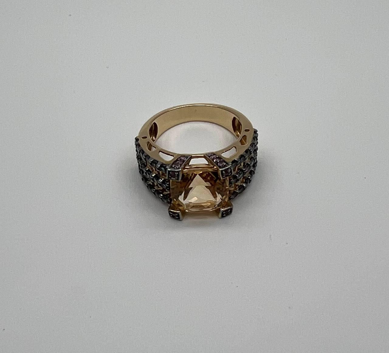 Citrine Pink Sapphire Black Diamond 14K Yellow Gold Statement Cocktail Ring