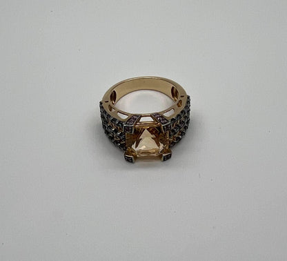 Citrine Pink Sapphire Black Diamond 14K Yellow Gold Statement Cocktail Ring