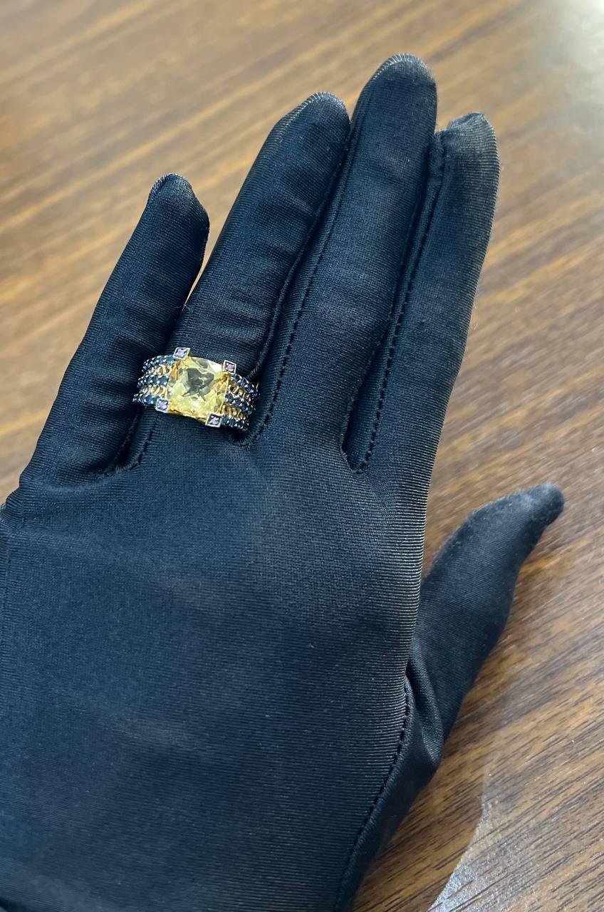 Citrine Pink Sapphire Black Diamond 14K Yellow Gold Statement Cocktail Ring