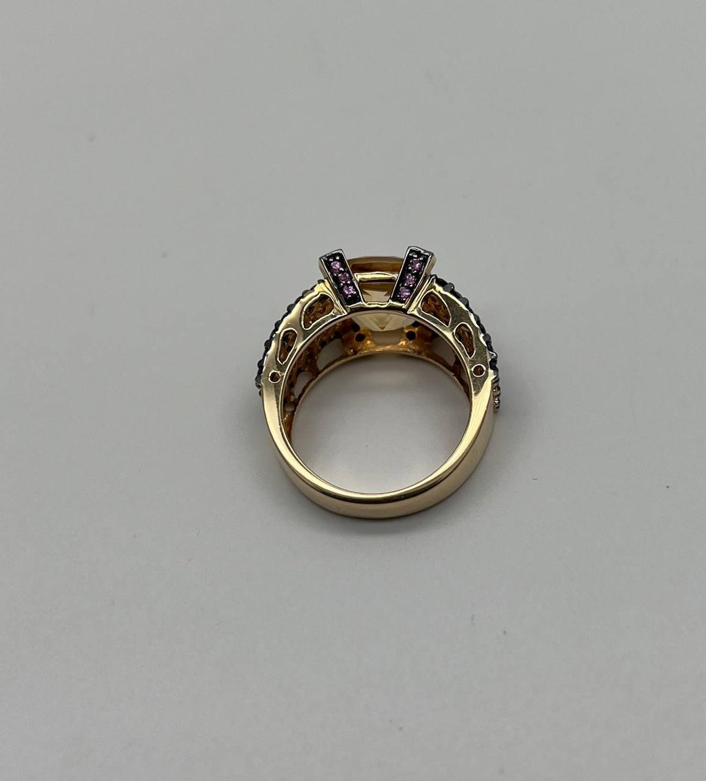 Citrine Pink Sapphire Black Diamond 14K Yellow Gold Statement Cocktail Ring