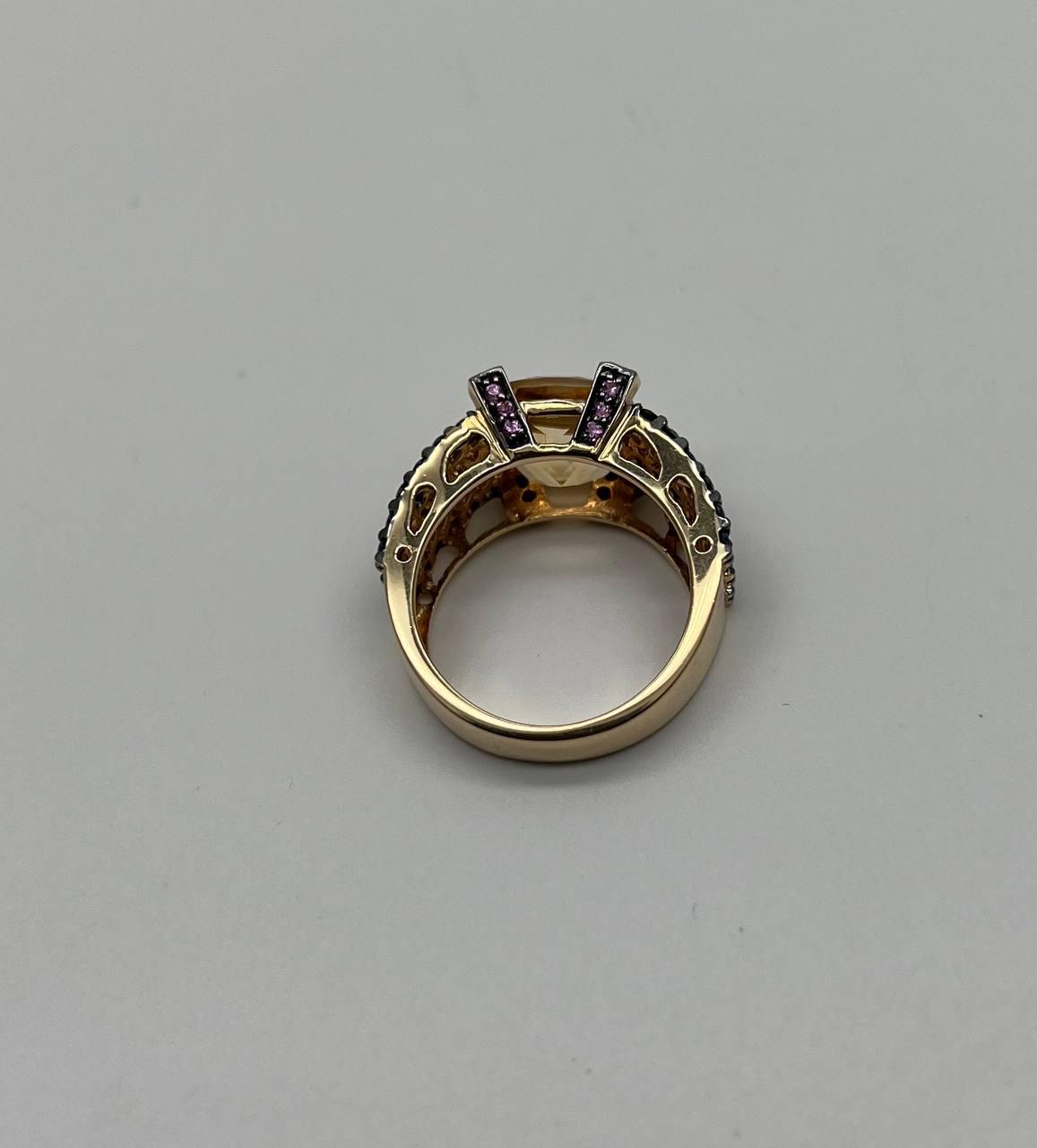 Citrine Pink Sapphire Black Diamond 14K Yellow Gold Statement Cocktail Ring