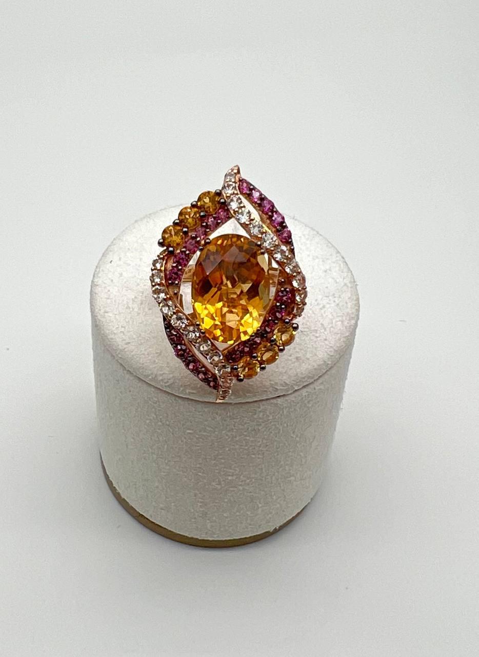Large Oval Orange Citrine with Amethysts, Citrines, Diamonds 14K Rose Gold Ring