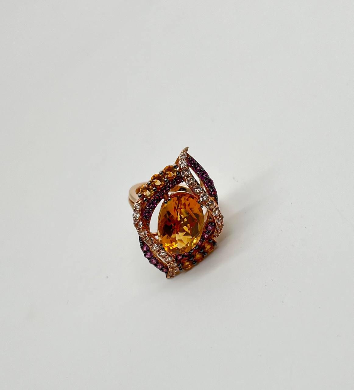 Large Oval Orange Citrine with Amethysts, Citrines, Diamonds 14K Rose Gold Ring