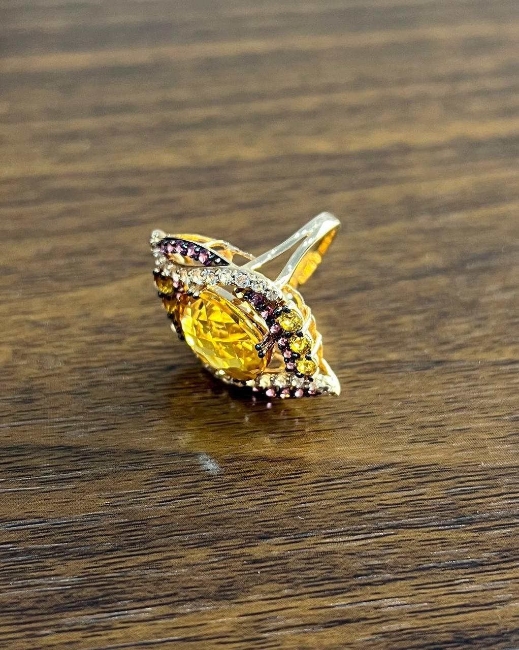 Large Oval Orange Citrine with Amethysts, Citrines, Diamonds 14K Rose Gold Ring