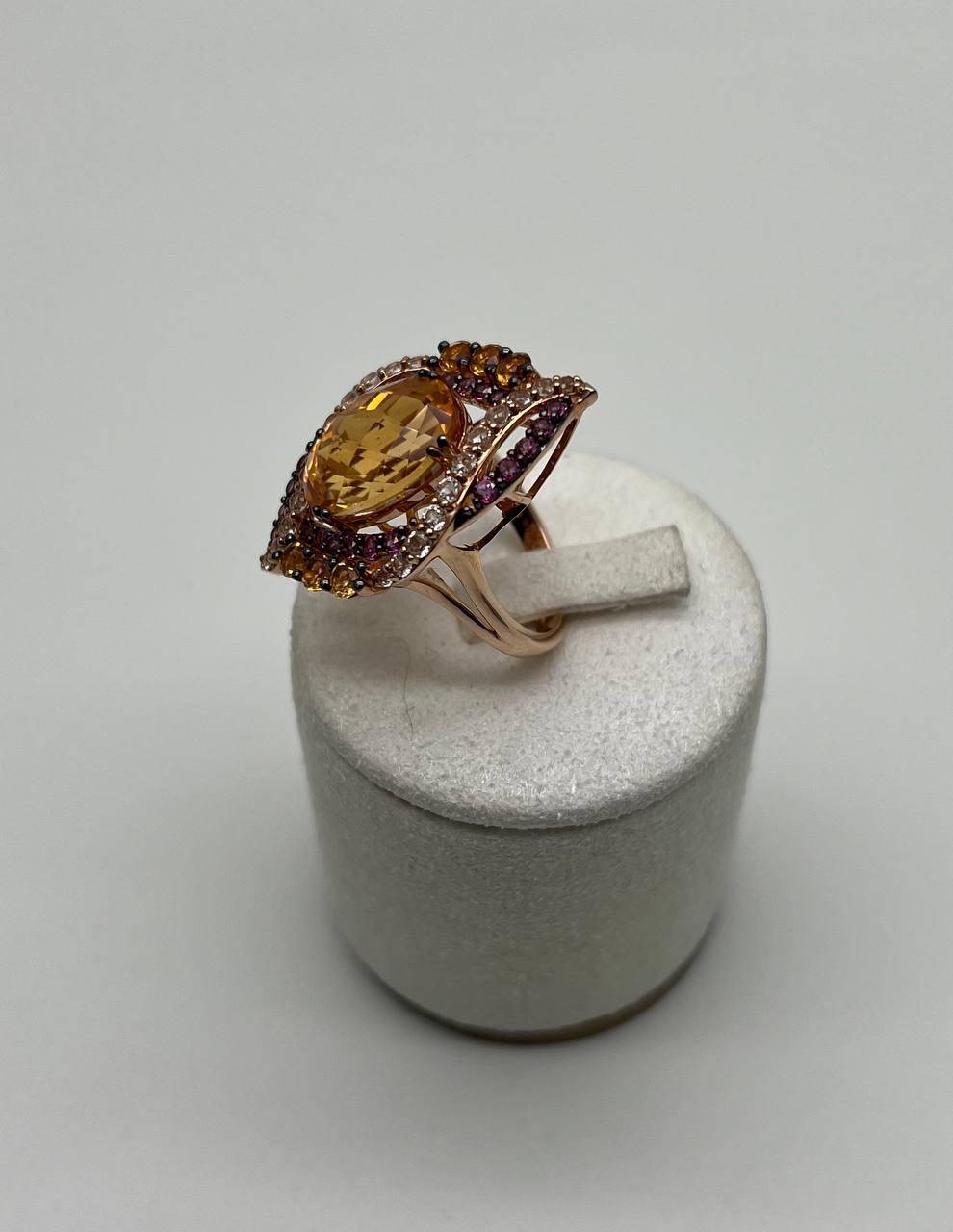 Large Oval Orange Citrine with Amethysts, Citrines, Diamonds 14K Rose Gold Ring