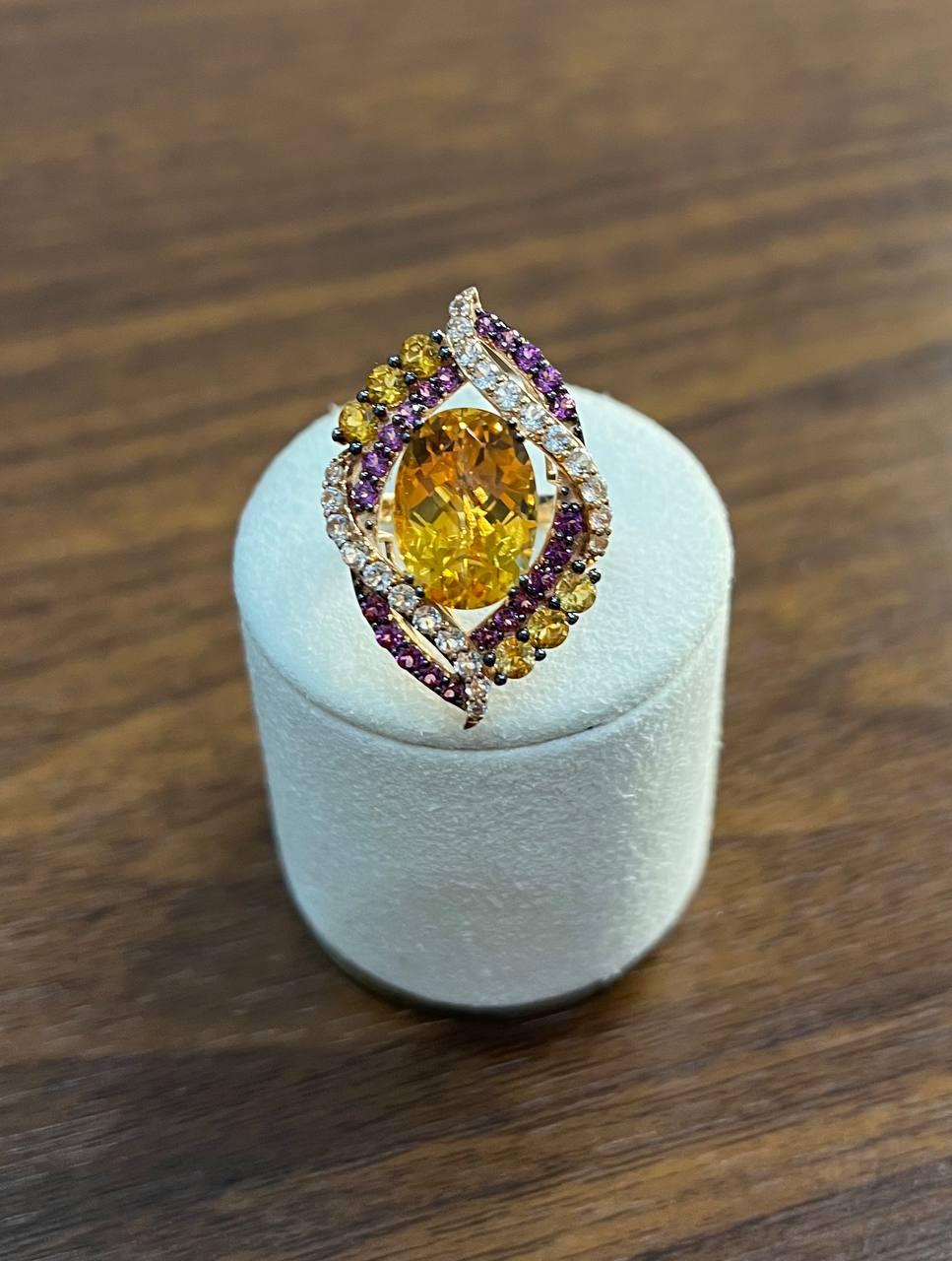 Large Oval Orange Citrine with Amethysts, Citrines, Diamonds 14K Rose Gold Ring