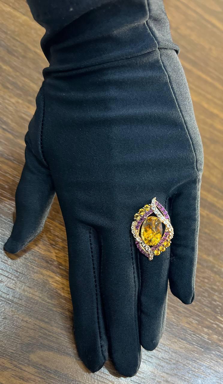 Large Oval Orange Citrine with Amethysts, Citrines, Diamonds 14K Rose Gold Ring