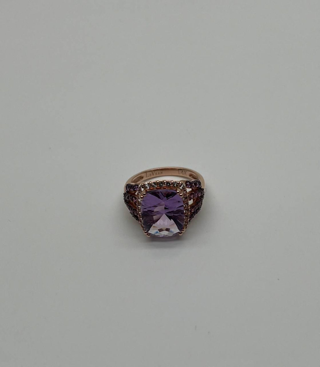 Purple Violet Amethyst Diamond Halo 14K Rose Gold Drop Statement Ring