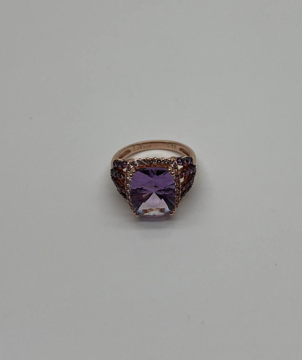 Purple Violet Amethyst Diamond Halo 14K Rose Gold Drop Statement Ring