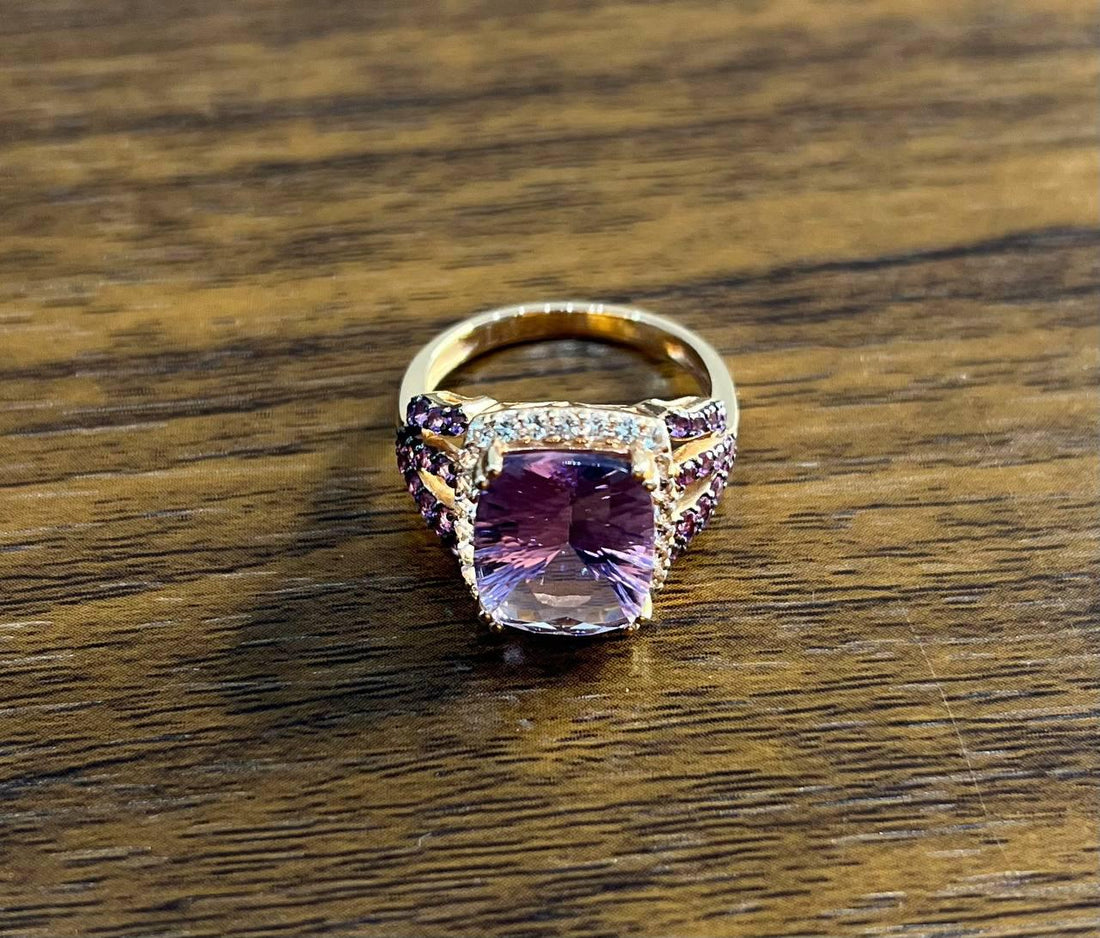 Purple Violet Amethyst Diamond Halo 14K Rose Gold Drop Statement Ring