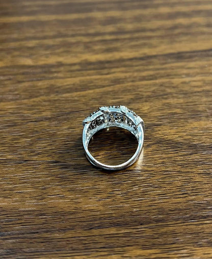 White Dark Brown Champagne Diamonds Pave 18K White Gold Band Statement Ring