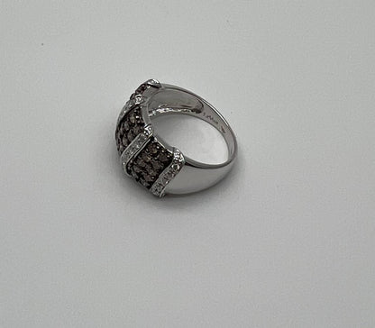 White Dark Brown Champagne Diamonds Pave 18K White Gold Band Statement Ring