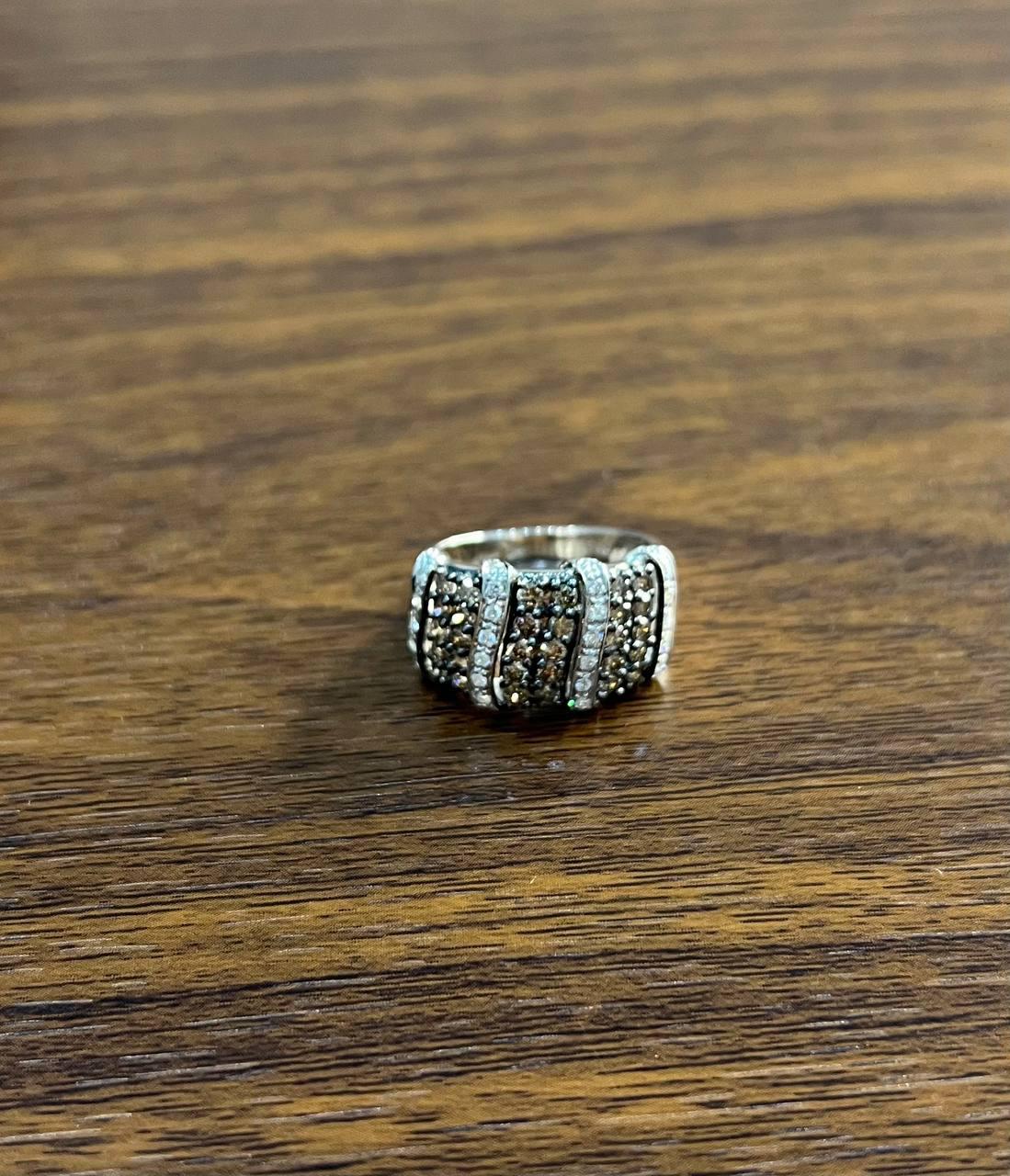 White Dark Brown Champagne Diamonds Pave 18K White Gold Band Statement Ring