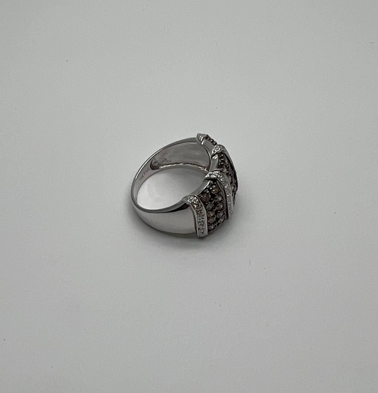 White Dark Brown Champagne Diamonds Pave 18K White Gold Band Statement Ring