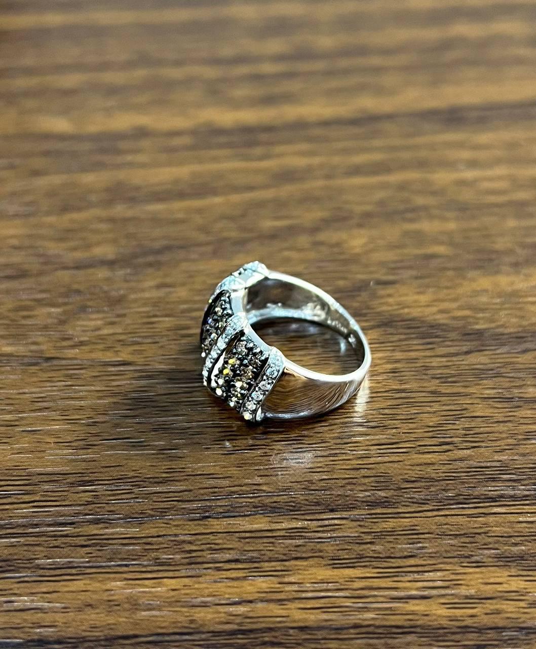 White Dark Brown Champagne Diamonds Pave 18K White Gold Band Statement Ring