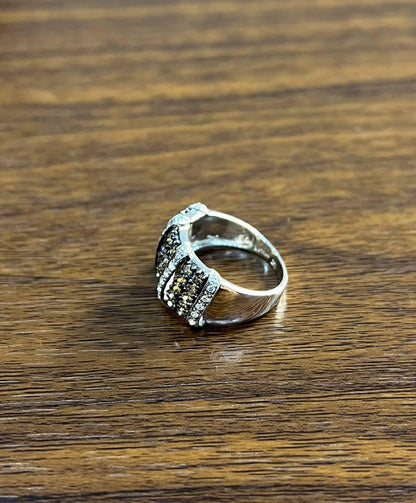 White Dark Brown Champagne Diamonds Pave 18K White Gold Band Statement Ring