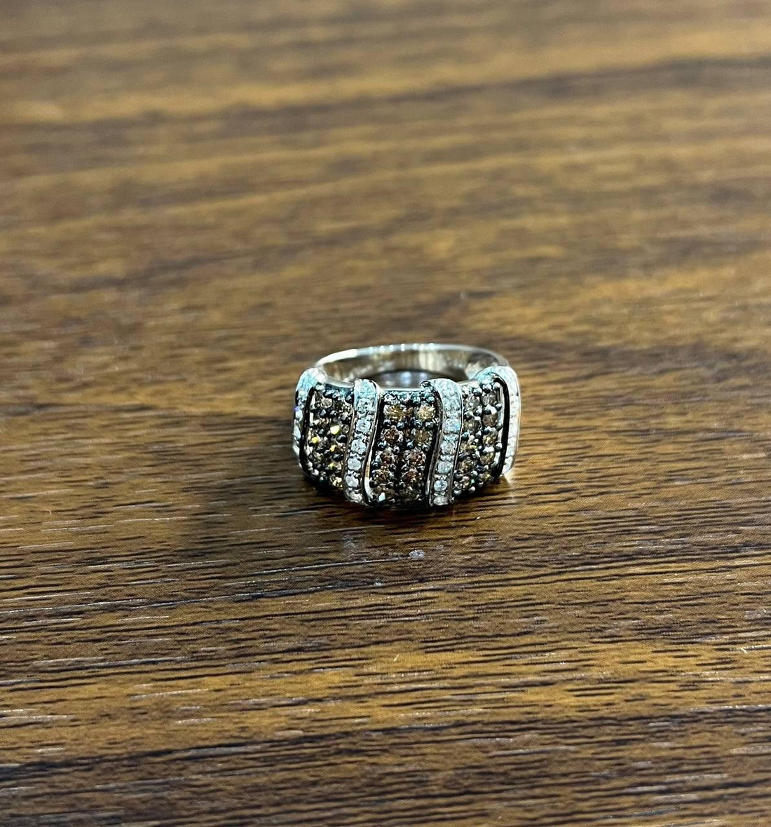 White Dark Brown Champagne Diamonds Pave 18K White Gold Band Statement Ring