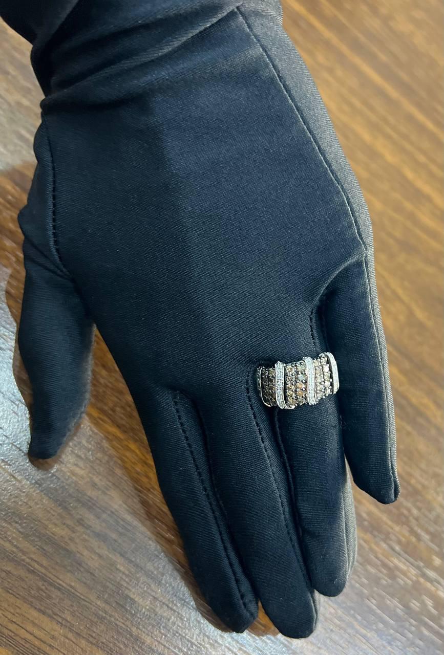 White Dark Brown Champagne Diamonds Pave 18K White Gold Band Statement Ring