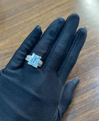 Rectangular Step Cut Blue Topaz White Diamonds 14K White Gold Statement Ring