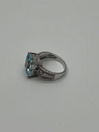 Rectangular Step Cut Blue Topaz White Diamonds 14K White Gold Statement Ring