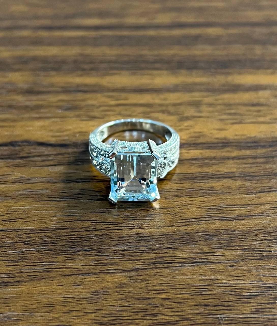 Rectangular Step Cut Blue Topaz White Diamonds 14K White Gold Statement Ring