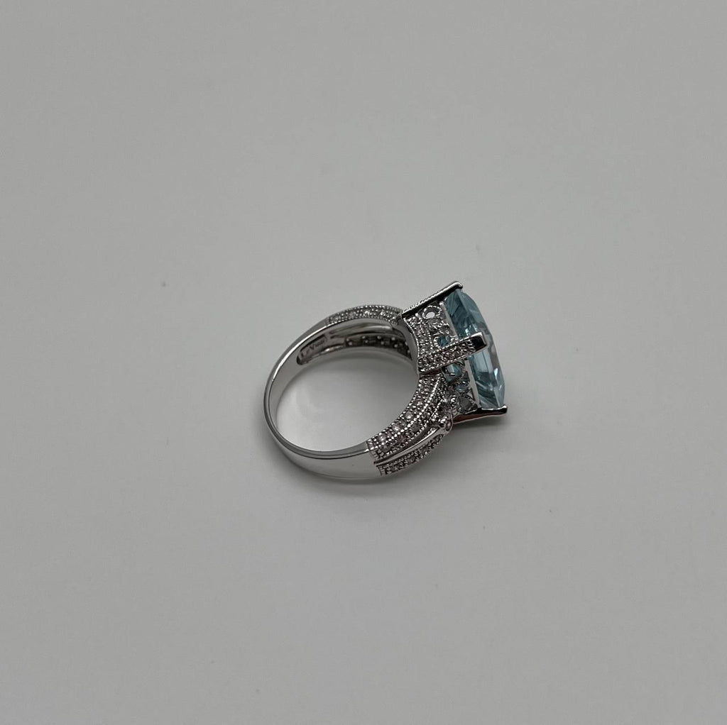 Rectangular Step Cut Blue Topaz White Diamonds 14K White Gold Statement Ring