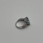 Rectangular Step Cut Blue Topaz White Diamonds 14K White Gold Statement Ring