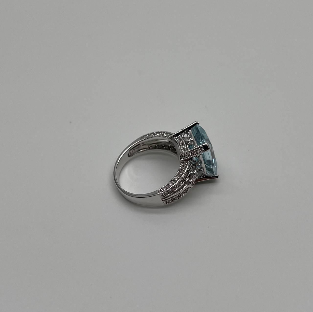 Rectangular Step Cut Blue Topaz White Diamonds 14K White Gold Statement Ring
