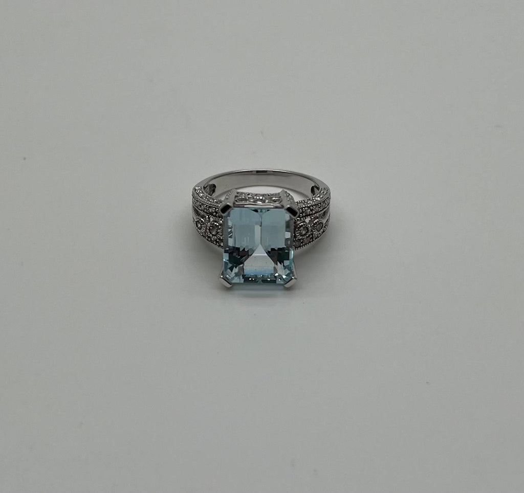 Rectangular Step Cut Blue Topaz White Diamonds 14K White Gold Statement Ring