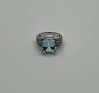 Rectangular Step Cut Blue Topaz White Diamonds 14K White Gold Statement Ring