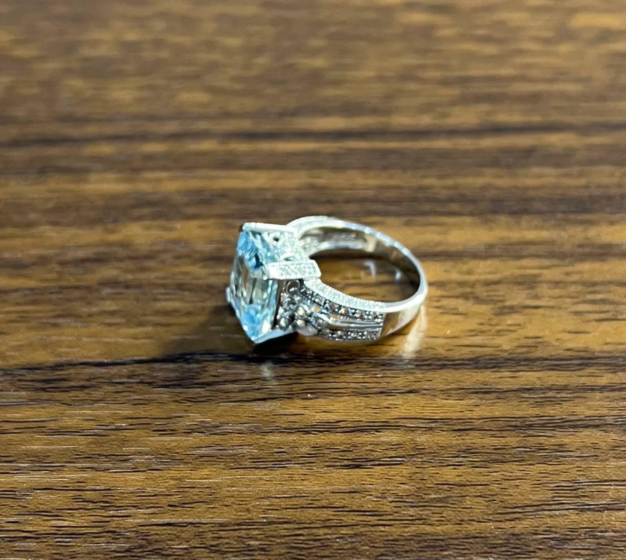 Rectangular Step Cut Blue Topaz White Diamonds 14K White Gold Statement Ring