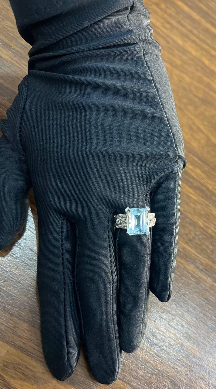 Rectangular Step Cut Blue Topaz White Diamonds 14K White Gold Statement Ring