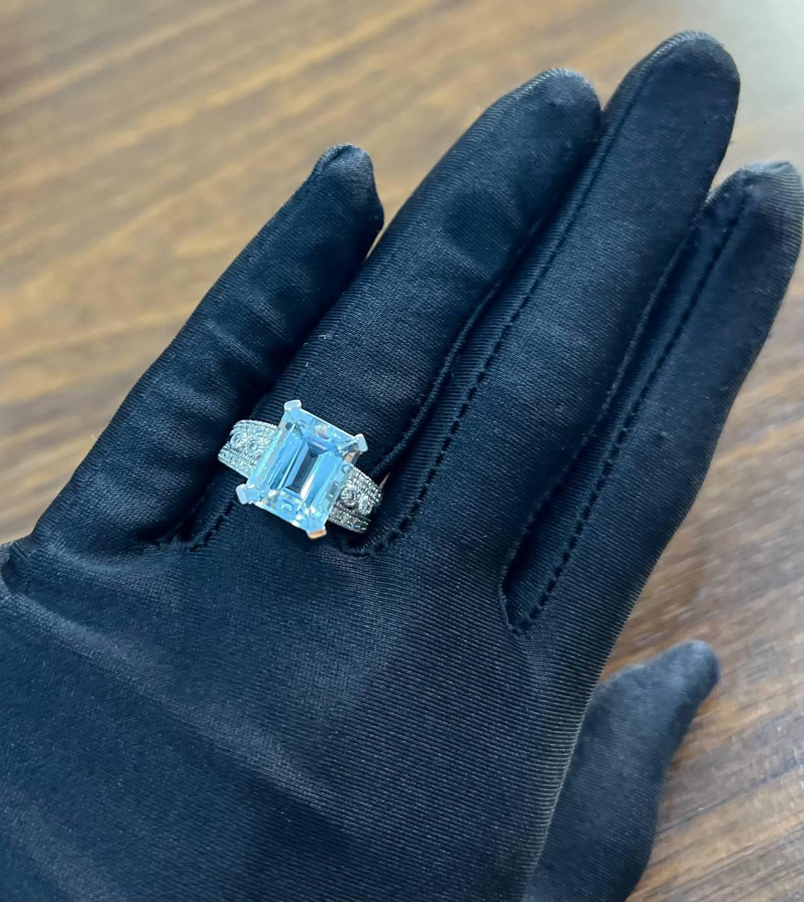 Rectangular Step Cut Blue Topaz White Diamonds 14K White Gold Statement Ring
