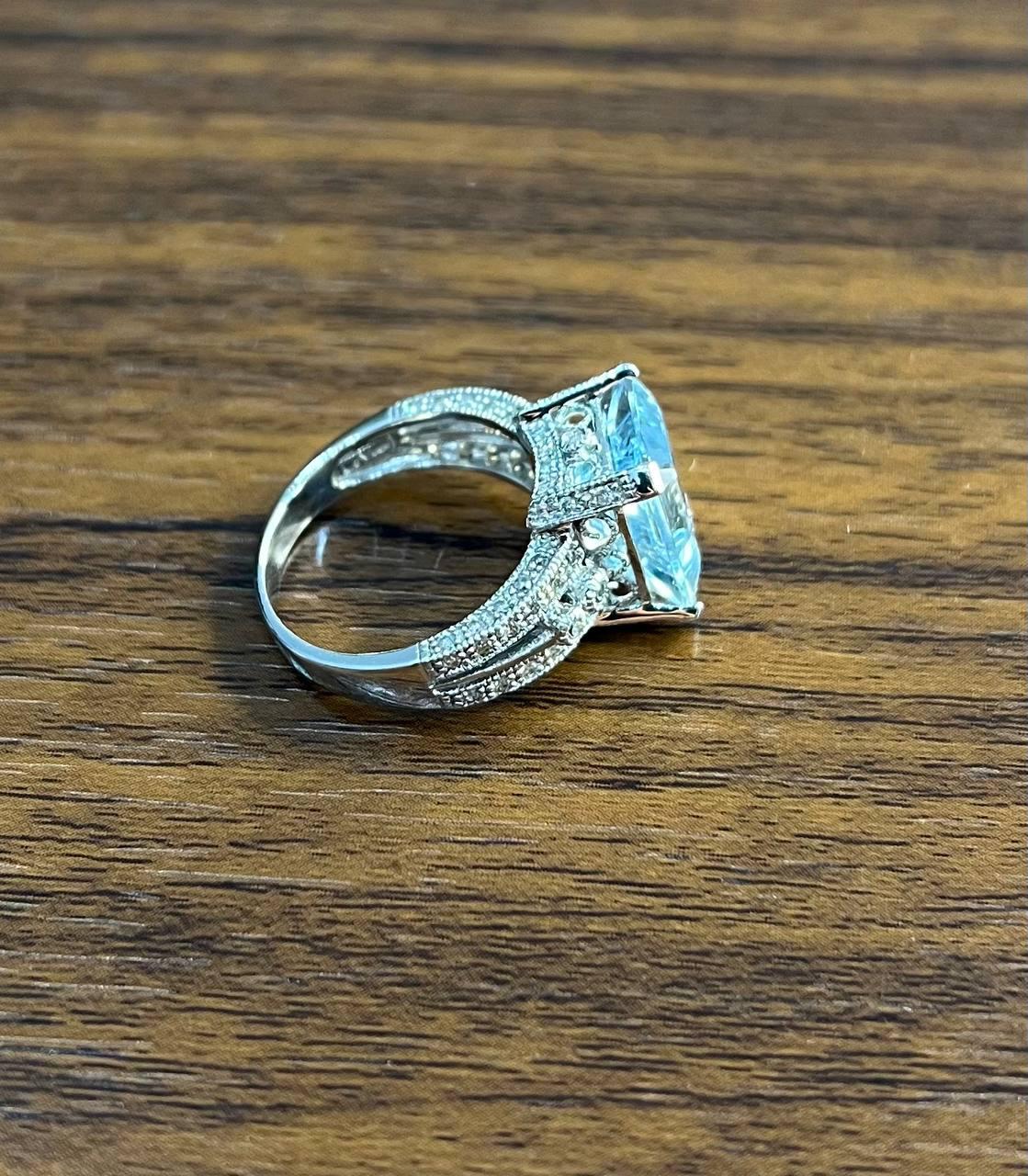 Rectangular Step Cut Blue Topaz White Diamonds 14K White Gold Statement Ring