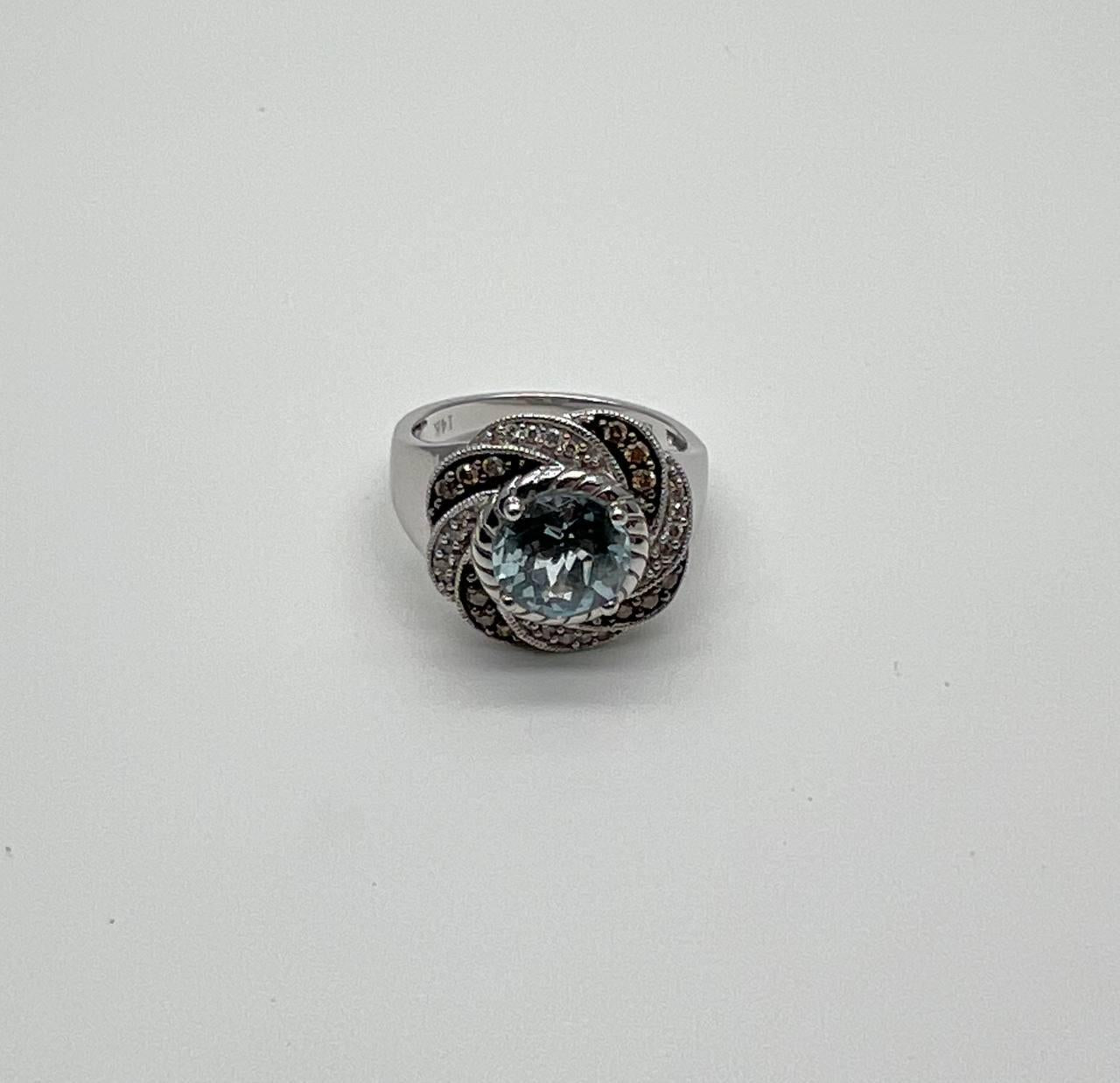 Round Cut Blue Topaz White Brown Diamonds Pave Milgrain 14K White Gold Ring