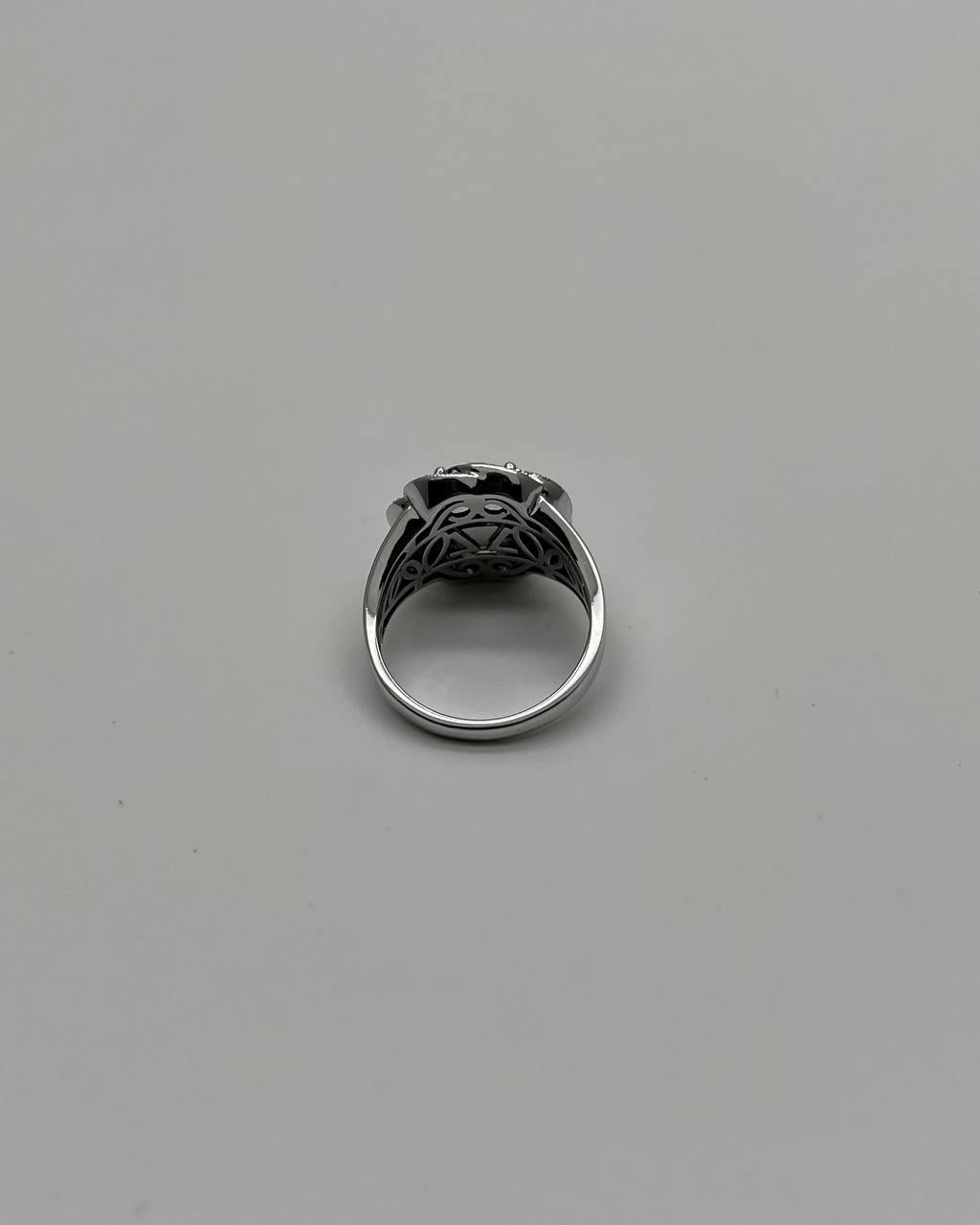 Round Cut Blue Topaz White Brown Diamonds Pave Milgrain 14K White Gold Ring