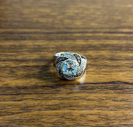 Round Cut Blue Topaz White Brown Diamonds Pave Milgrain 14K White Gold Ring