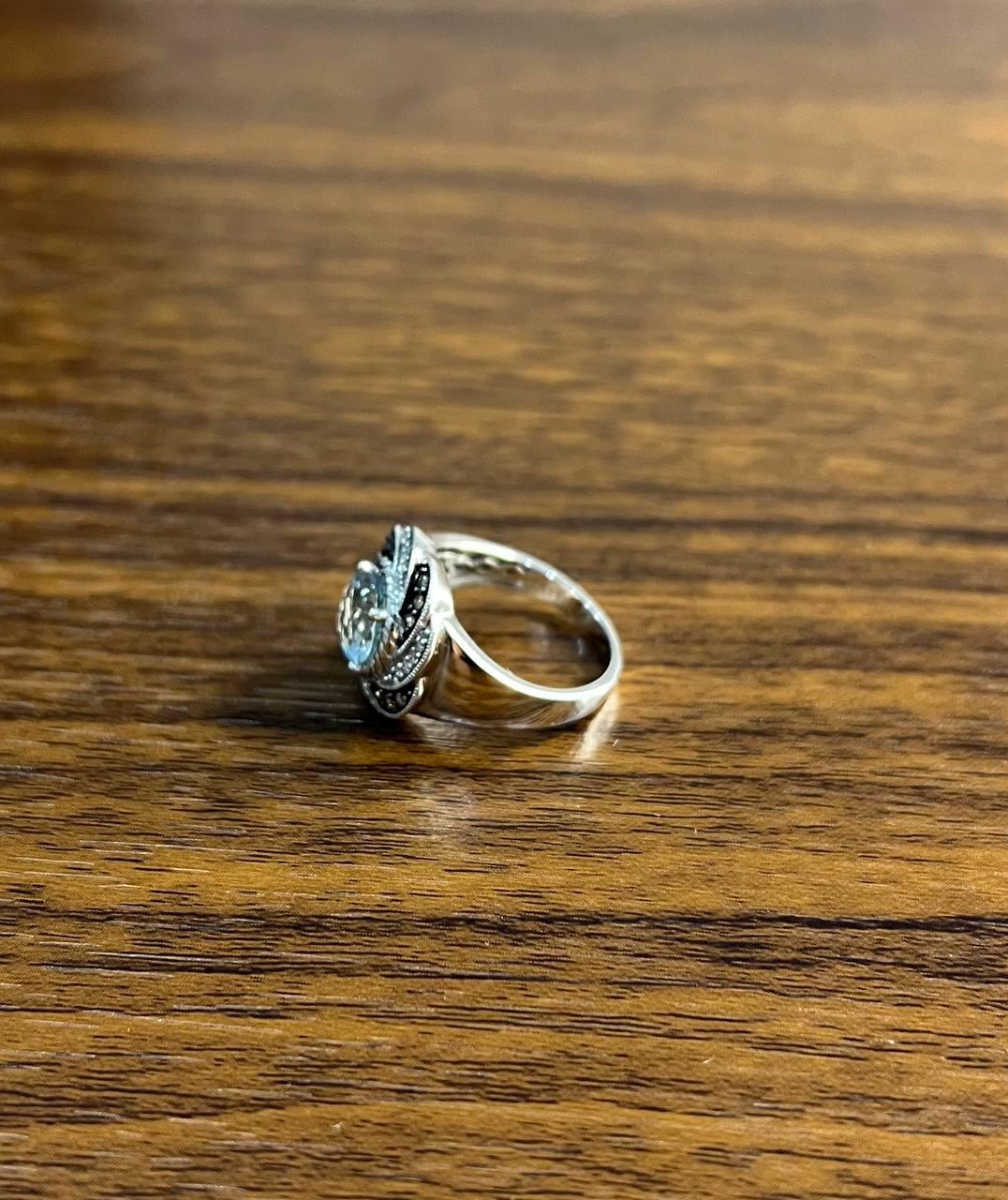 Round Cut Blue Topaz White Brown Diamonds Pave Milgrain 14K White Gold Ring