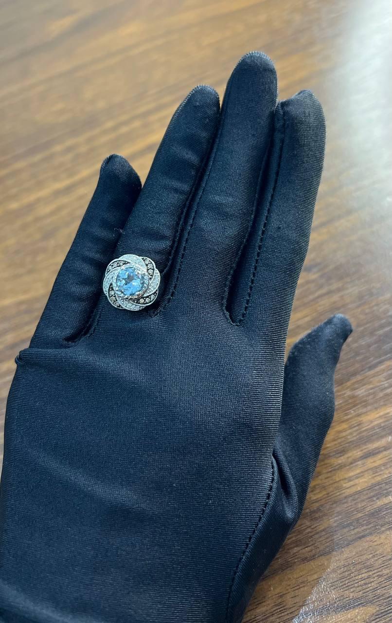 Round Cut Blue Topaz White Brown Diamonds Pave Milgrain 14K White Gold Ring