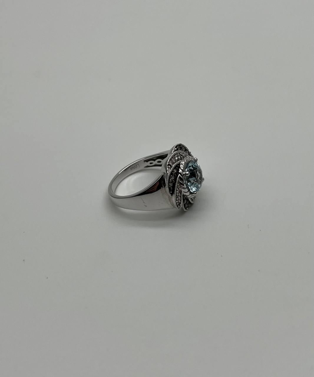 Round Cut Blue Topaz White Brown Diamonds Pave Milgrain 14K White Gold Ring