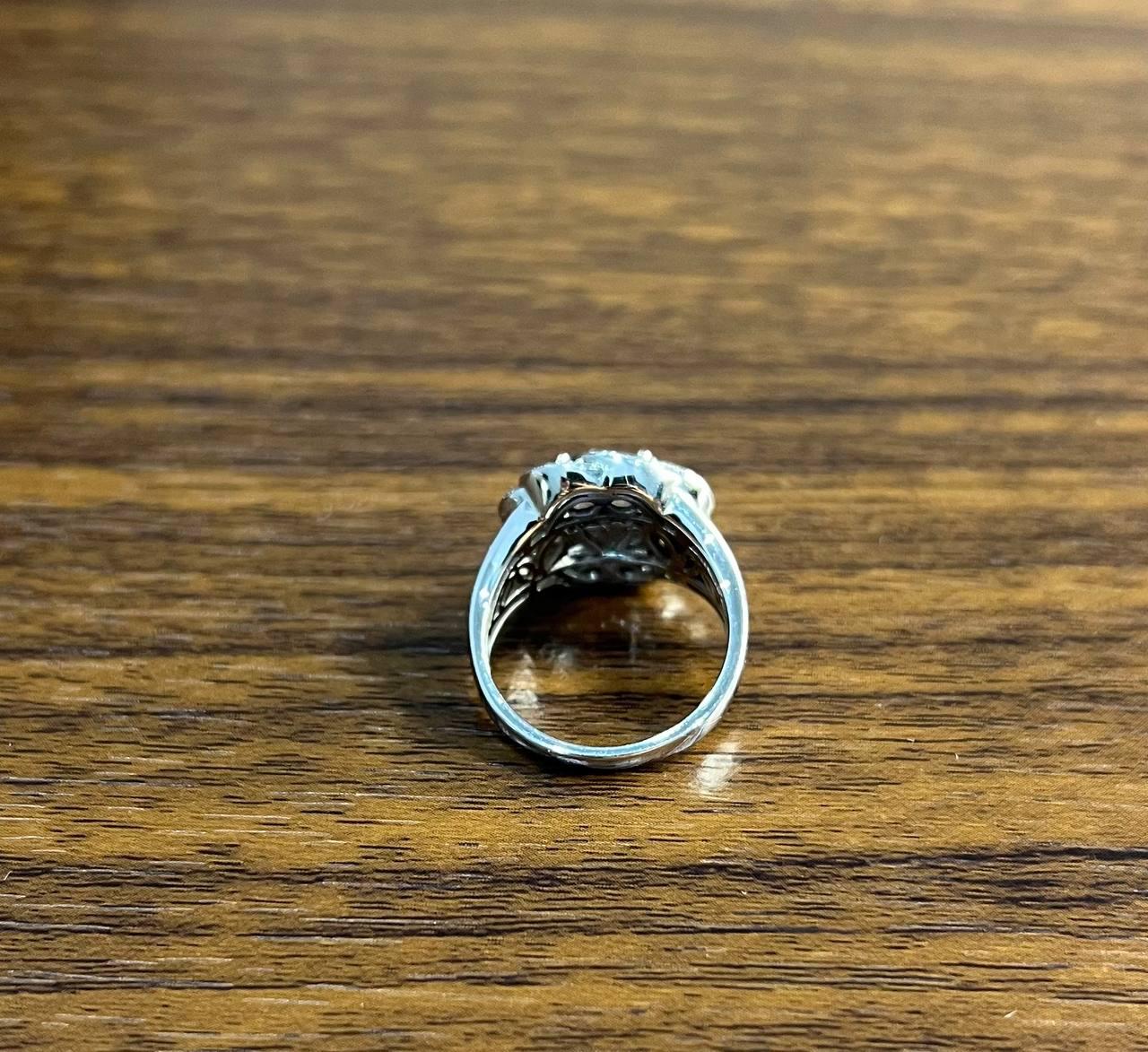 Round Cut Blue Topaz White Brown Diamonds Pave Milgrain 14K White Gold Ring