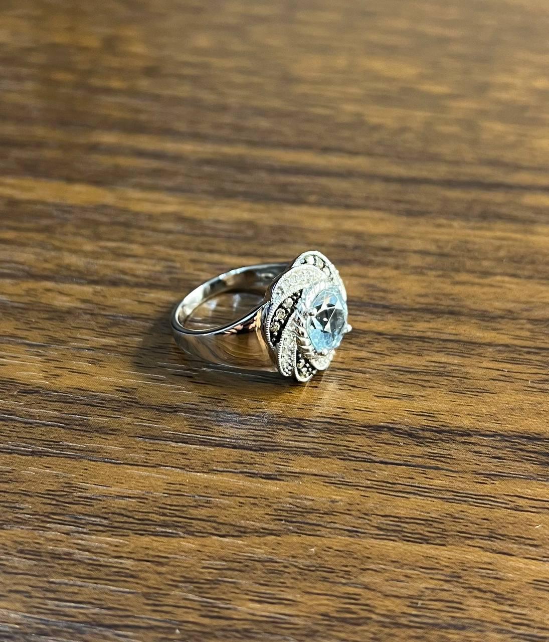 Round Cut Blue Topaz White Brown Diamonds Pave Milgrain 14K White Gold Ring