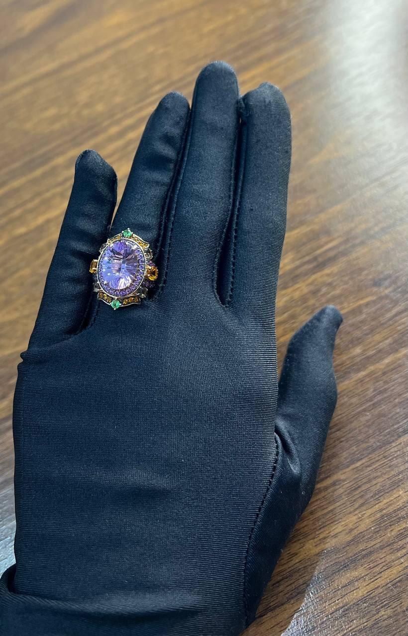 Purple Amethyst Rainbow Color Gemstone Diamonds 14K Gold Statement Cocktail Ring