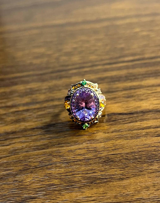 Purple Amethyst Rainbow Color Gemstone Diamonds 14K Gold Statement Cocktail Ring