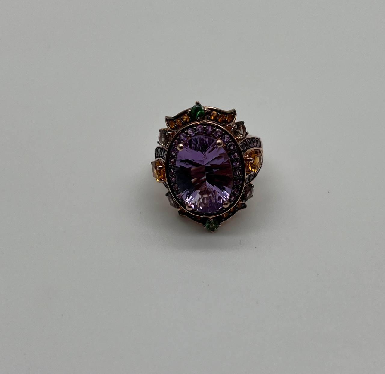 Purple Amethyst Rainbow Color Gemstone Diamonds 14K Gold Statement Cocktail Ring