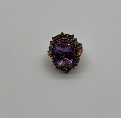 Purple Amethyst Rainbow Color Gemstone Diamonds 14K Gold Statement Cocktail Ring